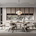 Modern Restaurant Interior With Dining Table Beige Chairs Pendant Light And Decorative Backdrop