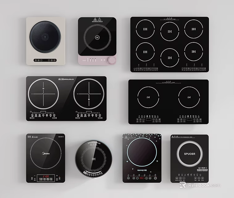 Various Modern Kitchen Appliances Featuring Different Cooktop Designs and Panel Styles 3d model