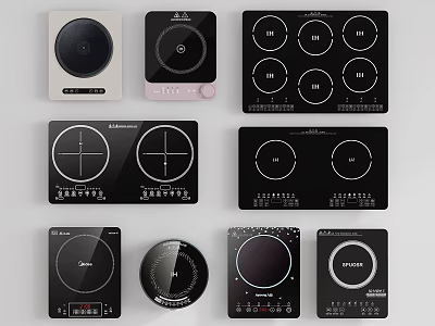 Various Modern Kitchen Appliances Featuring Different Cooktop Designs and Panel Styles 3d model