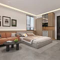 Modern Apartment Interior With Bedroom Sofa Small Table Digital Clock And Kitchen Cabinets