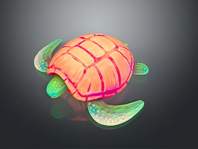 Vibrant Sea Turtle with Pink Striped Orange Shell and Green Glossy Limbs on Dark Background 3d model