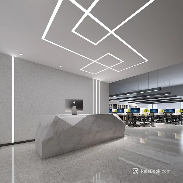 Modern Office Reception Desk Interior Design With Marble Counter And Linear Ceiling Lighting 3d model
