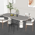 Modern Cream Style Dining Table and Chair Combination Fabric Backrest Chair Book Ornaments Potted Plant Decorative Painting Carpet 3d model