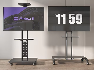 Modern TVs on Rolling Stands Showing Windows 11 Interface and Time 3d model