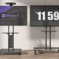 Modern TVs on Rolling Stands Showing Windows 11 Interface and Time 3d model