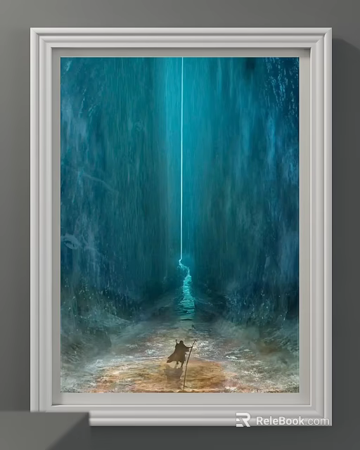 Mysterious Deep Blue Canyon Landscape Painting With Vertical Light Beam Silhouette And Wet Ground 3d model 