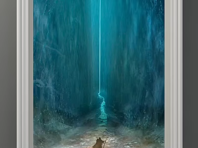 Mysterious Deep Blue Canyon Landscape Painting With Vertical Light Beam Silhouette And Wet Ground 3d model