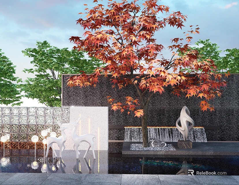 Stunning Water Fountain Featuring Red Maple Tree White Sculpture And Water Reflections 3d model 