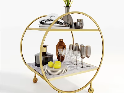 Commercial Two Tier Round Gold Frame Serving Cart With Wine Glasses Plates And Wheels 3d model