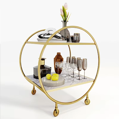 Commercial Two Tier Round Gold Frame Serving Cart With Wine Glasses Plates And Wheels 3d model