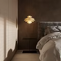 Warm Toned Bedroom Interior With Upholstered Headboard Linen Bedding Pendant Light And Blinds