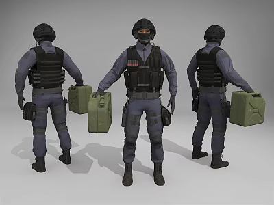 Game Movie Character Tactical Officers in Tactical Gear Holding Green Jerrycans Three Angles 3d model