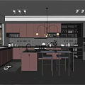 Modern Kitchen Interior With Dark Wood Cabinets Island Counter Gray Tile Backsplash And Glass Cabinets