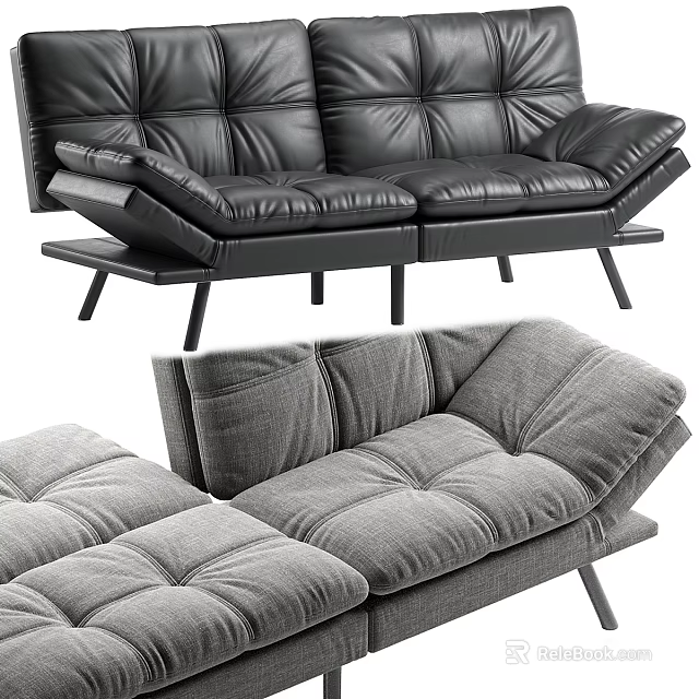 Modern Black And Gray Leather Sectional Sofa With Tufted Design And Slim Wooden Legs 3d model 