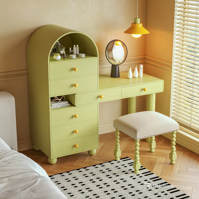 Pastel Green Dressing Table With Drawers Yellow Knobs Round Mirror And Upholstered Stool 3d model