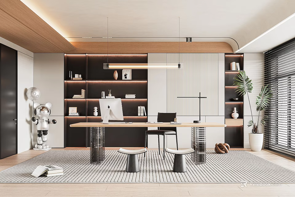 Modern Study Room Interior With Desk Chairs Shelves And Decor 3d model
