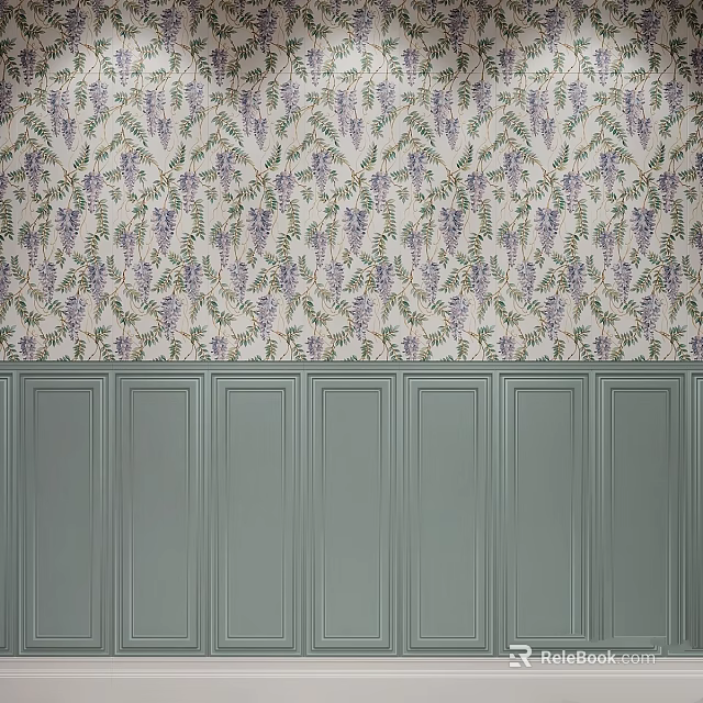 Floral Patterned Wallpaper With Purple Flowers And Light Green Paneled Wall Design 3d model 