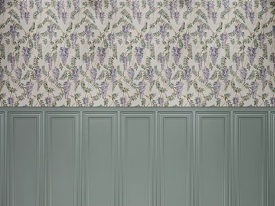 Floral Patterned Wallpaper With Purple Flowers And Light Green Paneled Wall Design 3d model