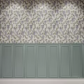 Floral Patterned Wallpaper With Purple Flowers And Light Green Paneled Wall Design