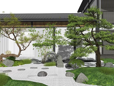 Japanese Zen Garden Landscape With Gravel Stones Pine Trees And Traditional Architecture 3d model