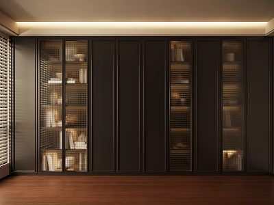 Modern Bookcase Interior Design With Glass Door Panels Black Frame And Layered Shelves 3d model