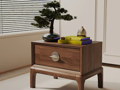 Walnut Wooden Bedside Table with Metal Handle Drawer Bonsai Tree Small Figurine Yellow Purple Books 3d model