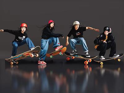 Women Skateboarding With Colorful Helmets Black Tops And Jeans On Reflective Gray Floor 3d model