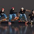 Women Skateboarding With Colorful Helmets Black Tops And Jeans On Reflective Gray Floor
