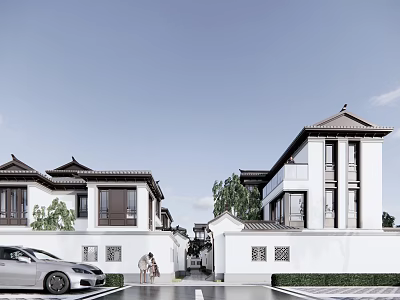 Traditional Chinese Style Villa With White Walls Classic Roof And Courtyard Entrance 3d model