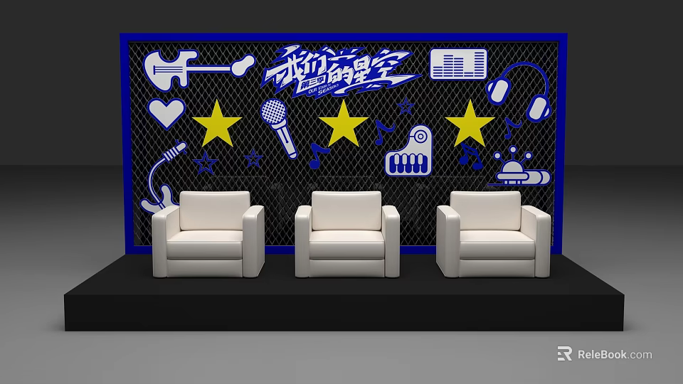 Music Themed Backdrop With White Sofas Guitar Microphone Stars And Headphones 3d model 