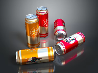 Shiny Red And Gold Beverage Cans Standing And Lying On Reflective Surface 3d model