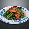 Stir Fried Green Beans with Bacon and Red Chili Peppers on Blue White Patterned Plate