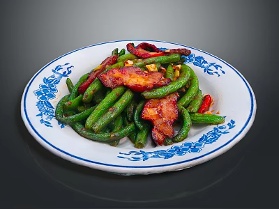 Stir Fried Green Beans with Bacon and Red Chili Peppers on Blue White Patterned Plate 3d model