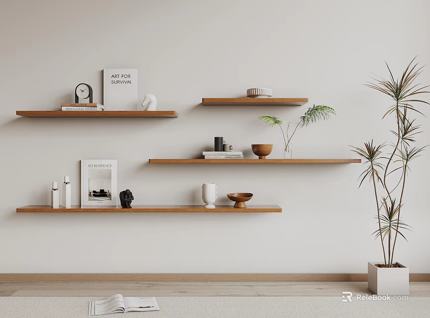 Modern Wooden Wall Mounted Shelves On White Wall With Books Decorative Items And Potted Plant 3d model 