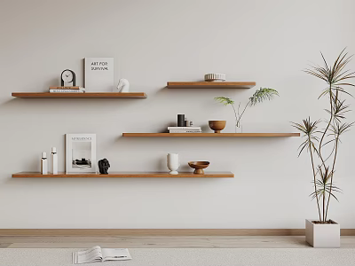 Modern Wooden Wall Mounted Shelves On White Wall With Books Decorative Items And Potted Plant 3d model