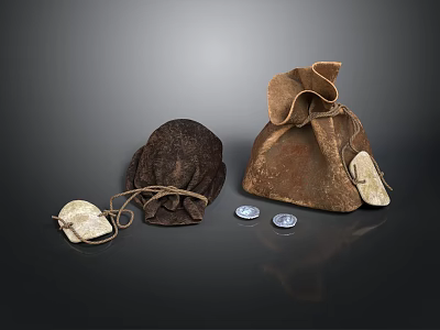 Handcrafted Leather Sculptures of Pouches in Different Sizes with Coins and Tags 3d model