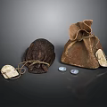 Handcrafted Leather Sculptures of Pouches in Different Sizes with Coins and Tags