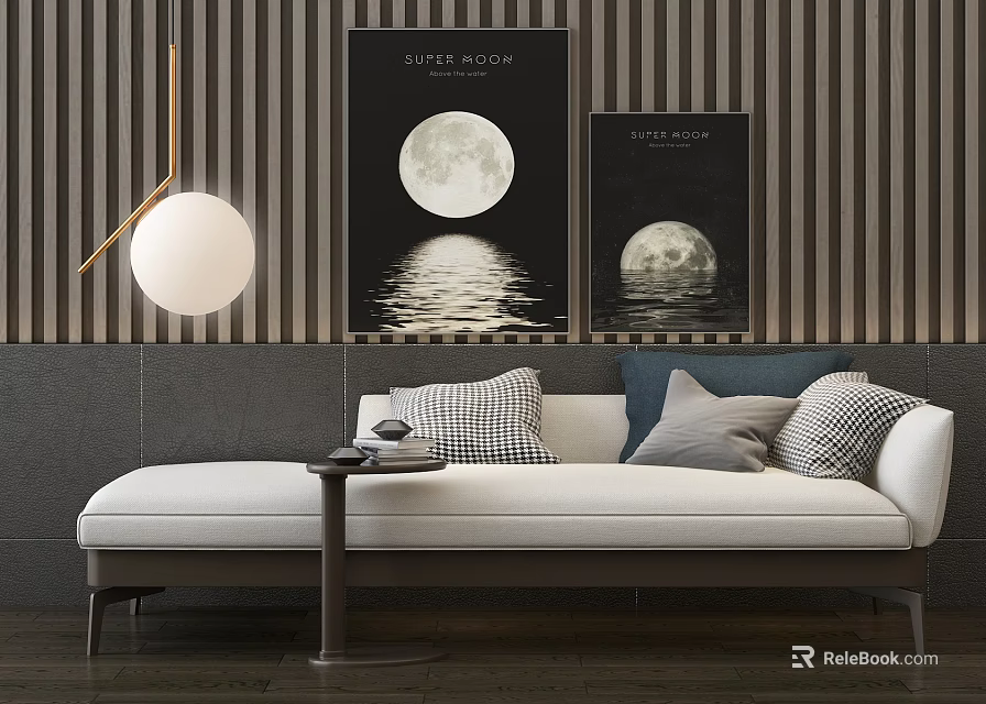 White Chaise Lounge with Side Table and Moon Themed Decorative Paintings in Modern Interior 3d model 