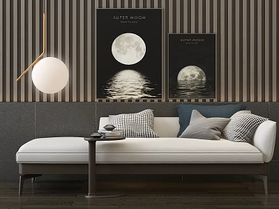 White Chaise Lounge with Side Table and Moon Themed Decorative Paintings in Modern Interior 3d model