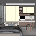 Modern Tatami Bedroom Interior With Window Blinds Built In Cabinets And Wooden Desk Chair