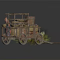 Traditional Wooden Cart Market Display With Baskets Fish Grass And Wooden Shelves