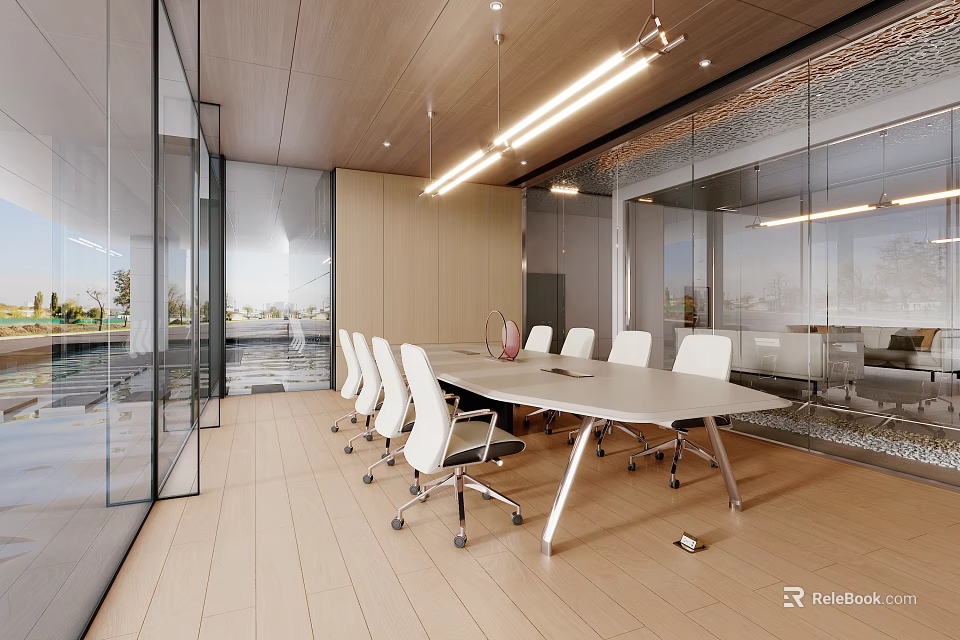 Modern Conference Room Interior With Long White Table White Chairs Glass Walls And Pendant Lights 3d model 