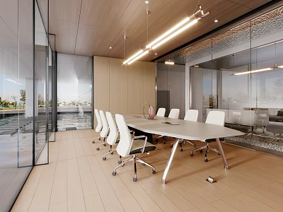 Modern Conference Room Interior With Long White Table White Chairs Glass Walls And Pendant Lights 3d model