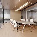 Modern Conference Room Interior With Long White Table White Chairs Glass Walls And Pendant Lights