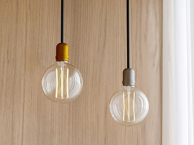 Modern Pendant Lights With Glass Bulbs Gold And Gray Bases On Wooden Wall 3d model