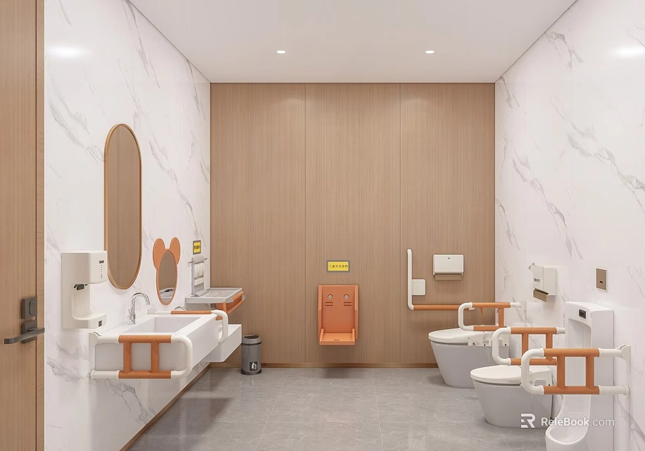 Other Restroom Interior Design with Marble Walls Wooden Panels Sink Counter Toilets and Grab Bars 3d model 