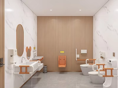 Other Restroom Interior Design with Marble Walls Wooden Panels Sink Counter Toilets and Grab Bars 3d model