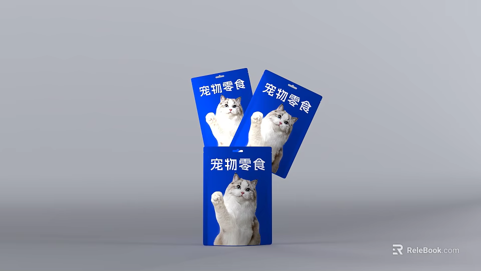 Blue Packaged Pet Snacks Featuring Cat Image For Feline Treats 3d model 