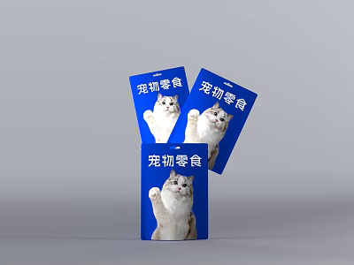 Blue Packaged Pet Snacks Featuring Cat Image For Feline Treats 3d model