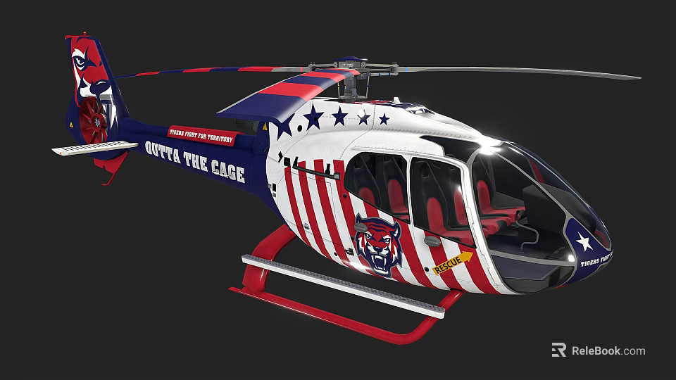 Patriotic Themed Helicopter With Red White Blue Stripes Stars And Outta The Cage Graphic 3d model 